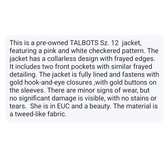 💐EUC TALBOTS Blazer Jacket Pink White Checkered Tweed Fringe Sz. 12 - Picture 14 of 14